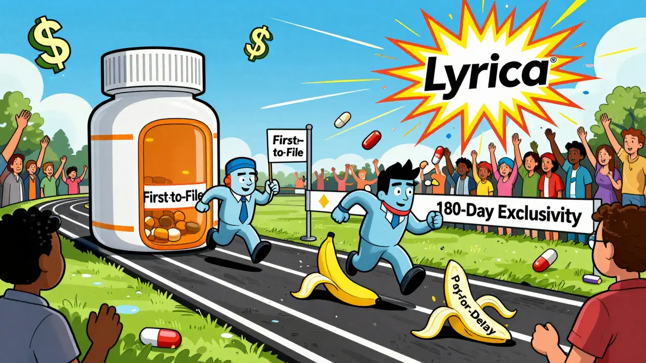 Generic drug companies race down pill-shaped track for 180-day exclusivity prize, one tripping on pay-for-delay banana.