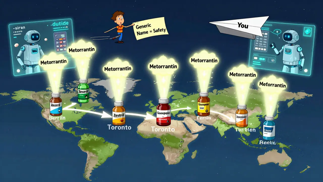 Global map showing unified generic drug name across cities, with branded bottles exploding into safety beacon, Adult Swim style.
