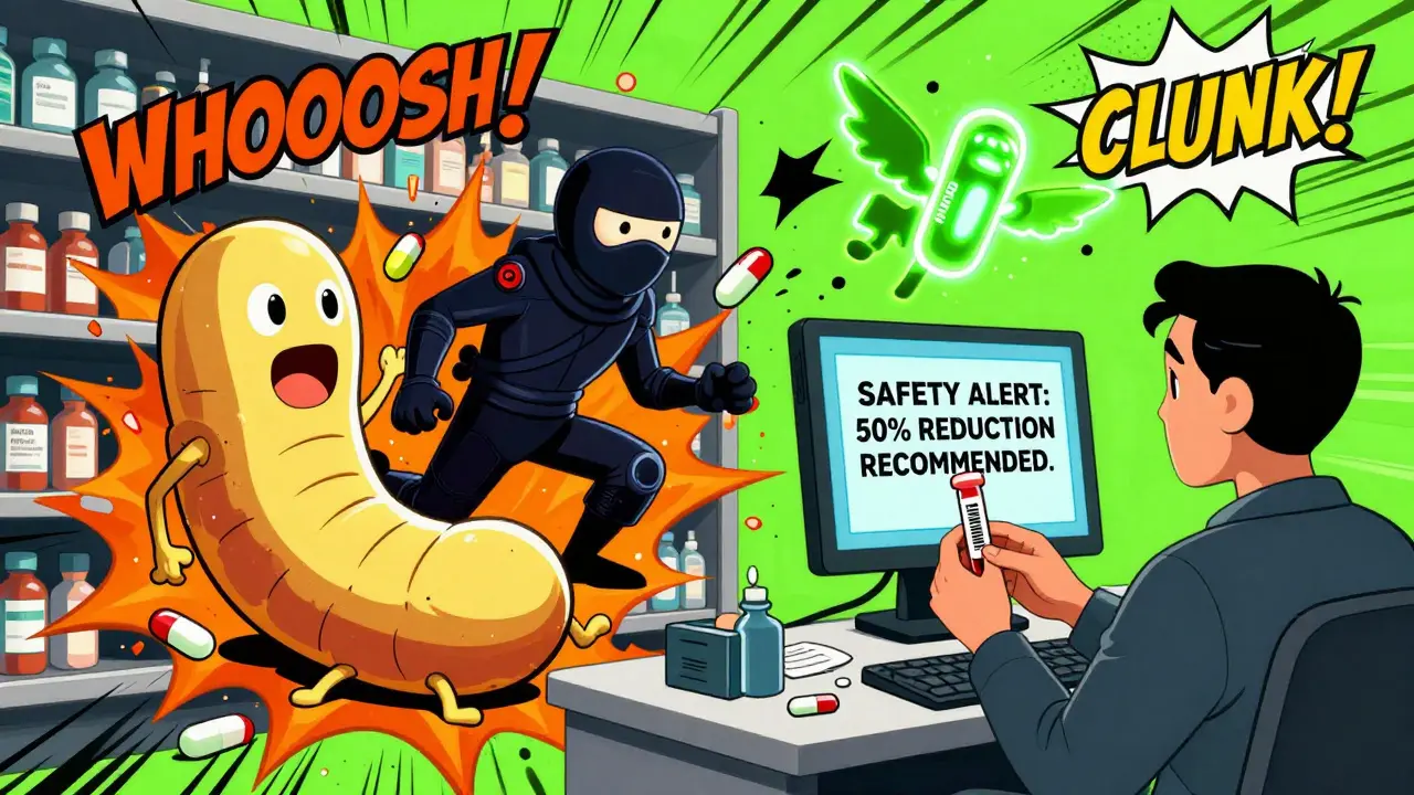 Opioid monsters battle on a pharmacy shelf while a blood test reveals genetic info, with safety alerts flashing in the background.