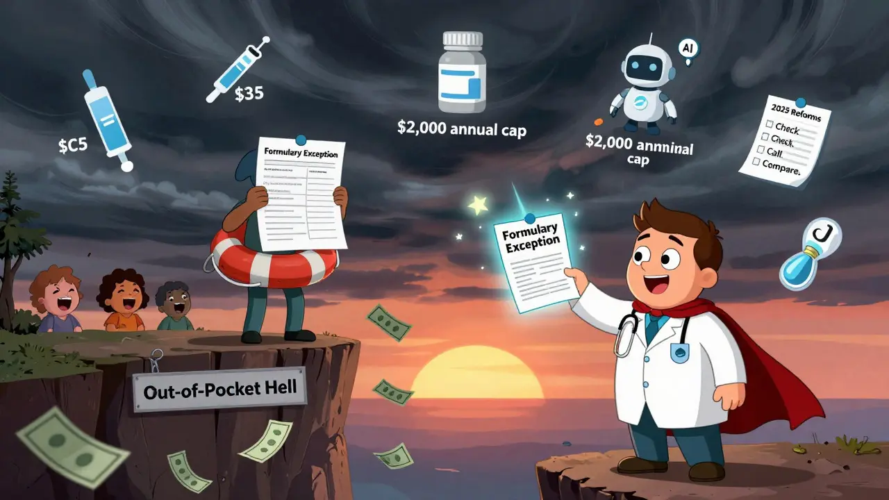 Patient on a cliff holds a formulary as a life raft, with 2025 reforms shining on the horizon.