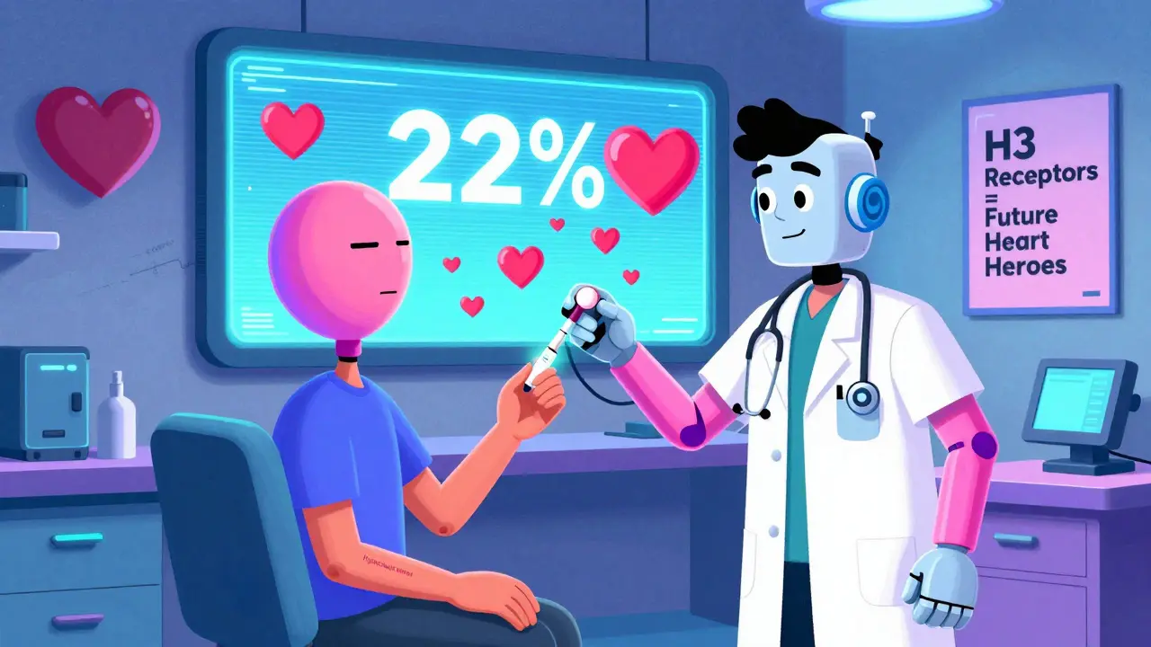 Patient receiving fexofenadine pill from robot pharmacist, inflammation dropping as hearts dance on screen