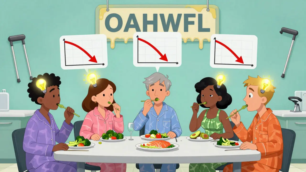 People eat healthy foods as their hip joints glow brighter, humorous cartoon scene with floating graphs.