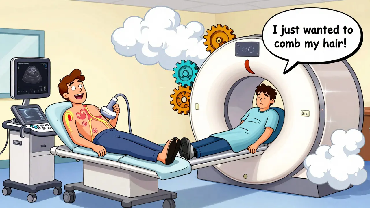 Person calmly getting ultrasound while another suffers in a giant MRI machine, shown in contrasting cartoon scenes.