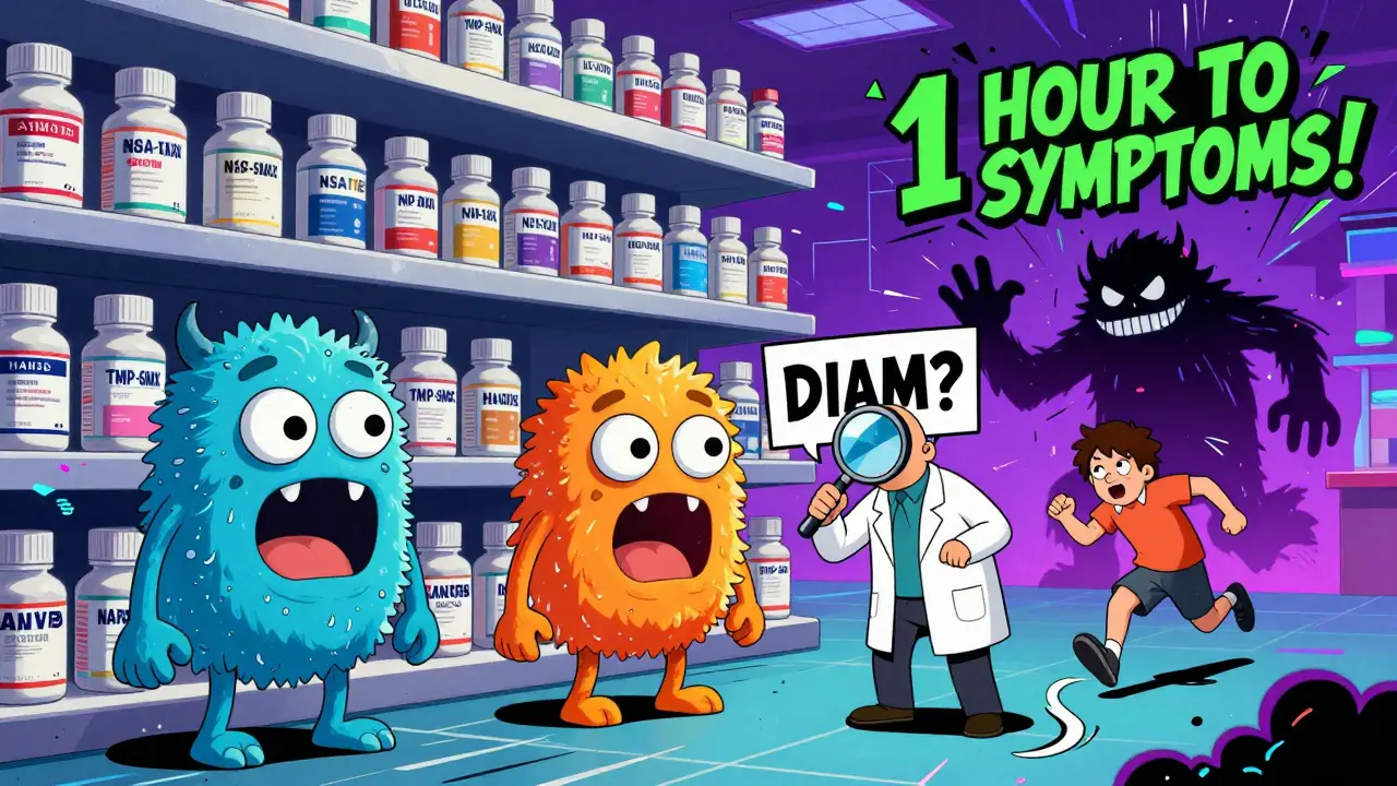 Personified drug bottles as monsters on a psychedelic pharmacy shelf, with a tiny doctor holding a 'DIAM?' sign.