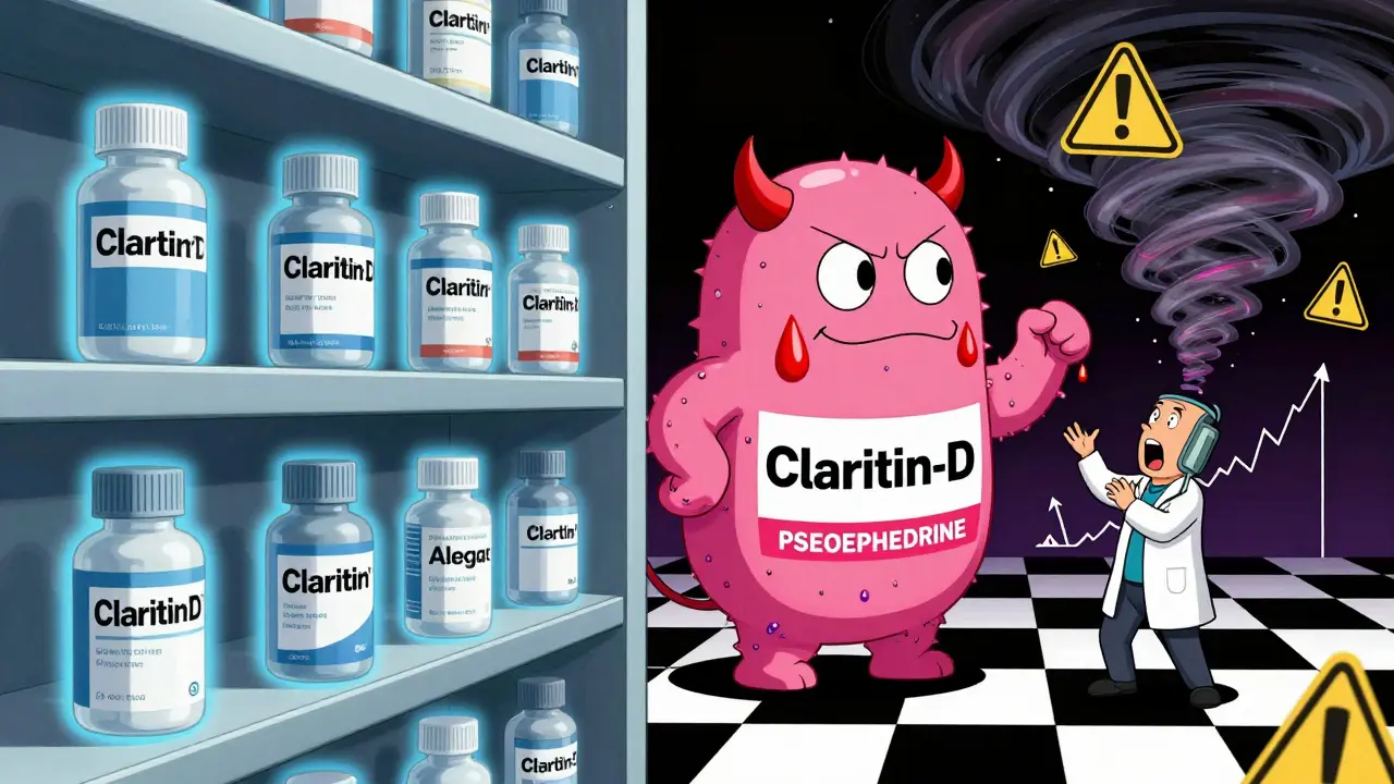 Pharmacy shelf split: safe antihistamines glowing blue vs. dangerous decongestant pills with devil horns