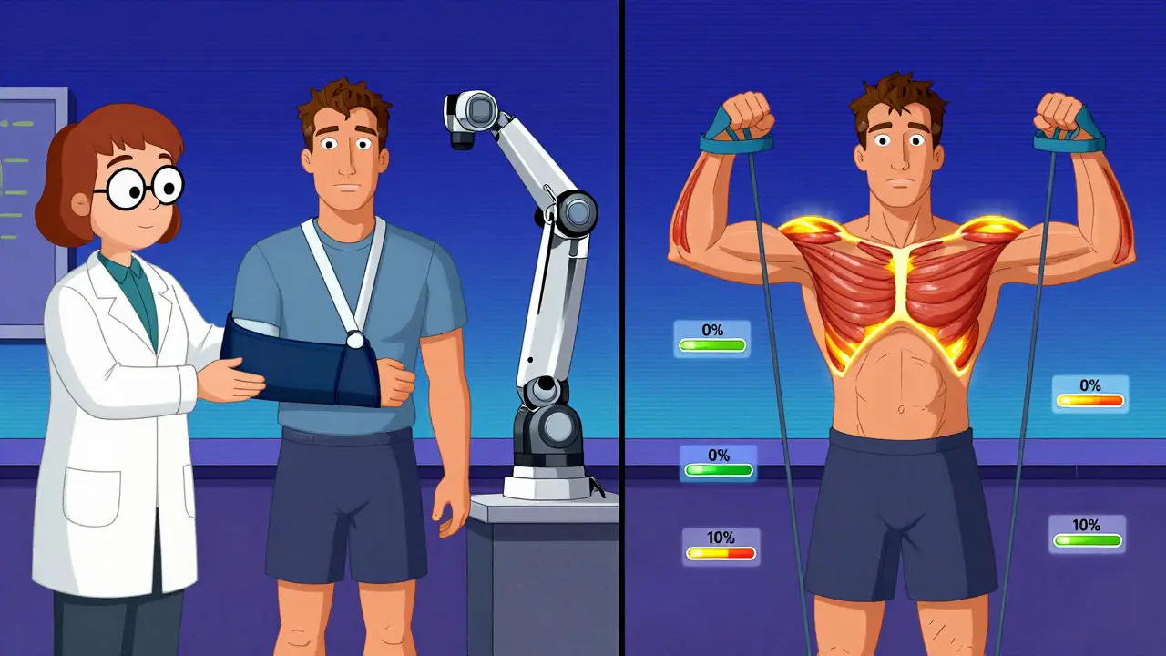 Rehab progress shown as a cartoon split scene: passive motion on left, strengthening on right with glowing muscles.