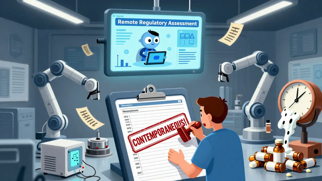 Robotic factory assembling medical devices with a digital FDA avatar watching via tablet and timestamps.