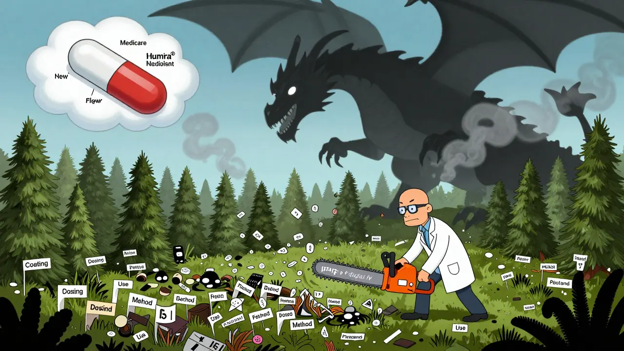 Scientist cuts through massive patent thicket forest with chainsaw, Humira dragon looms above in surreal landscape.