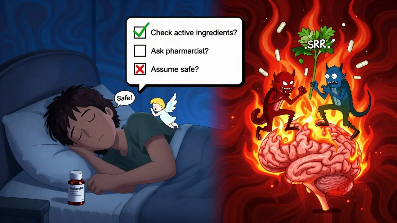Split-screen: one person sleeps peacefully with melatonin, another’s brain is a serotonin storm with demons fighting, labeled with safety checklist.