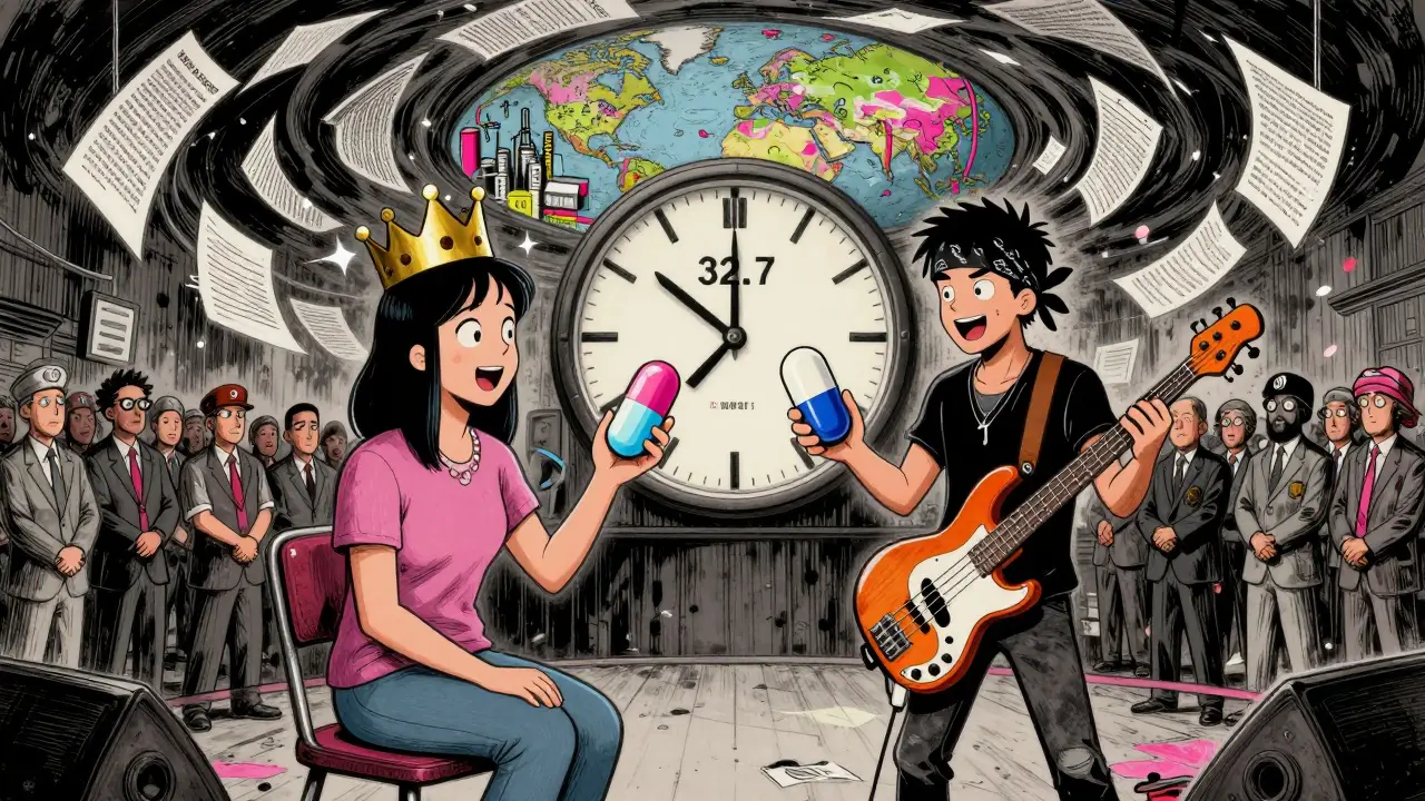 Two pills arguing like rock stars while FDA inspectors watch a 32.7-month clock