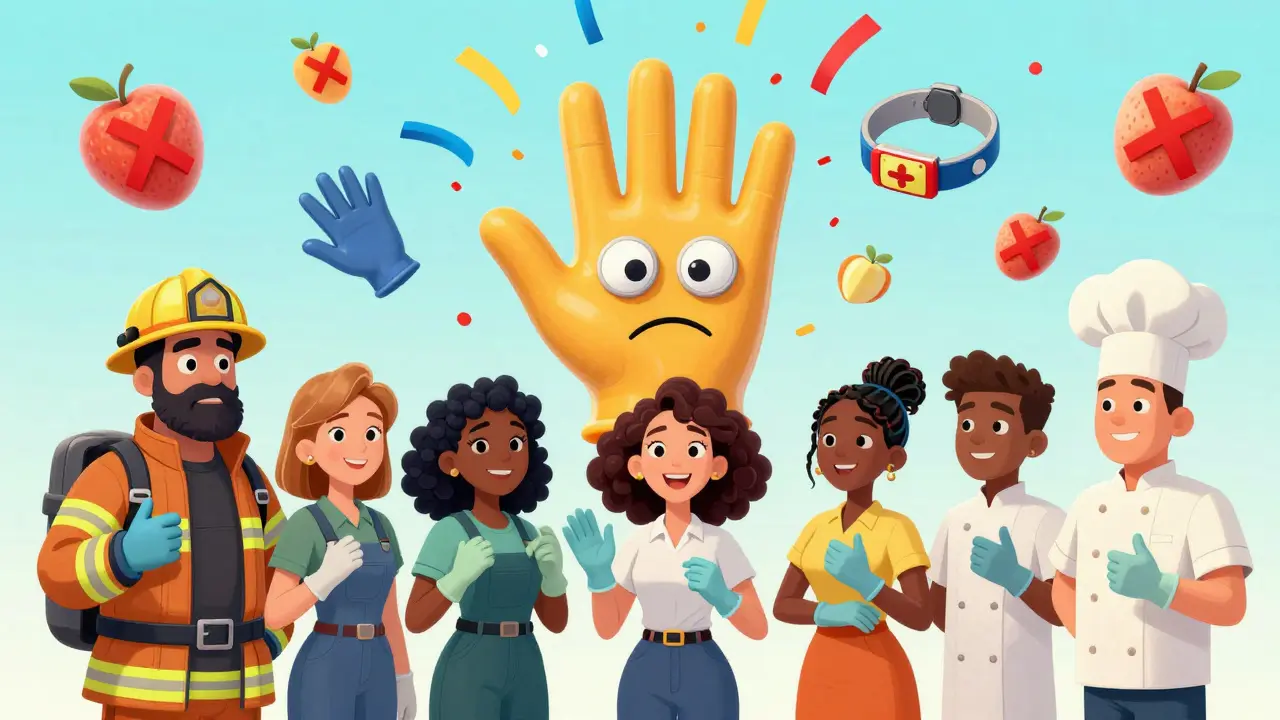Workers holding non-latex gloves as a cartoon latex glove explodes into safe alternatives, with a medical alert bracelet glowing above.