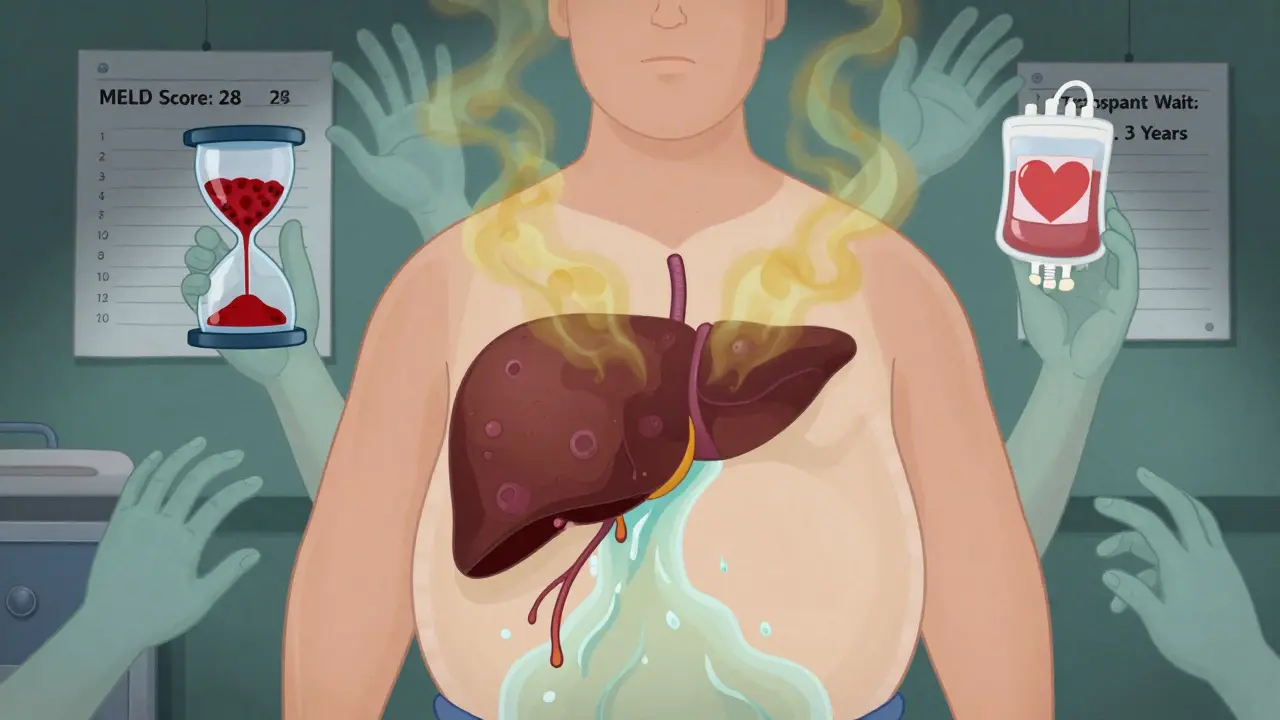 A bloated torso with a swollen, damaged liver and bursting veins, surrounded by medical score charts and a transplant hourglass.