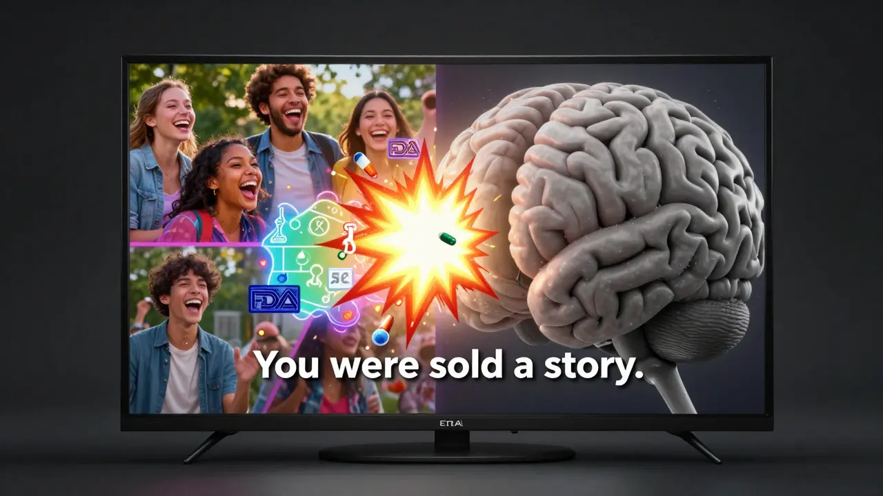 A brain watches drug ads on a screen, its colorful side overwhelmed by emotion, until a generic pill triggers scientific diagrams that overwrite the salesmanship.