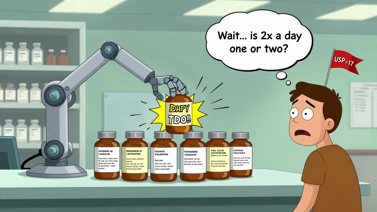 A chaotic pharmacy counter with robotic arms slapping mismatched prescription labels onto bottles, text overlapping in absurd ways.