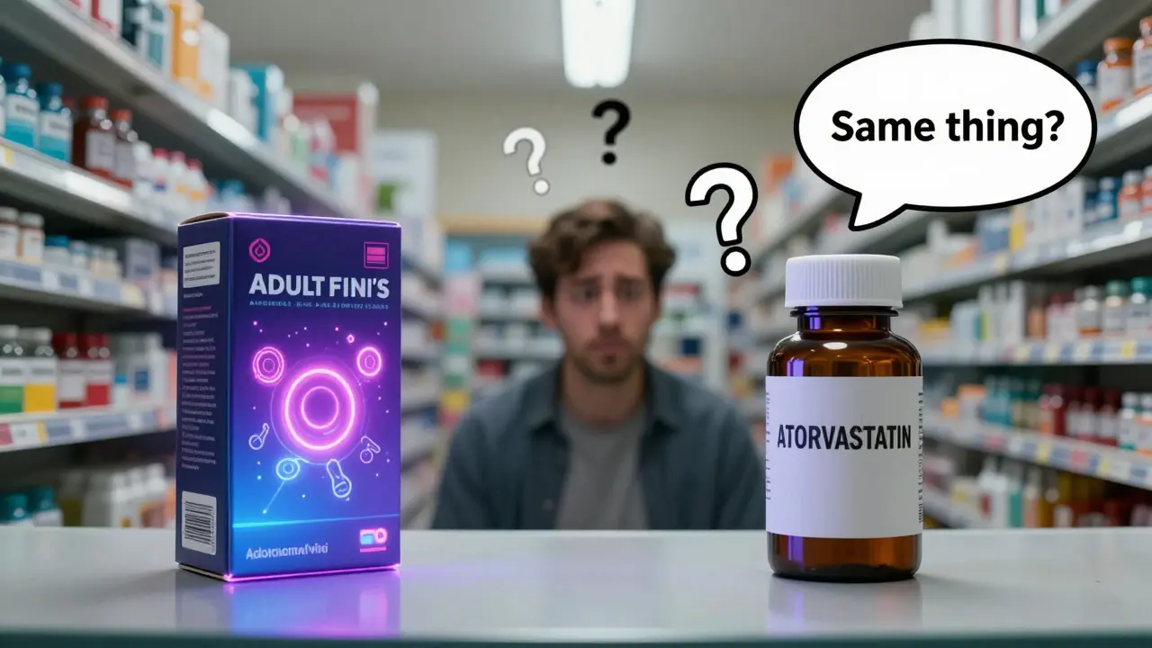A confused patient stares at a bright branded drug box next to a plain generic pill bottle in a flickering pharmacy aisle, surrounded by floating question marks.