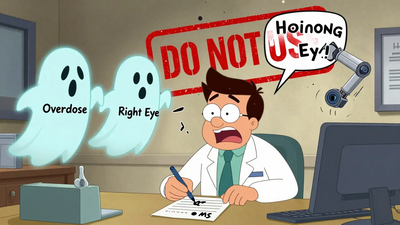 A frantic pharmacist faces conflicting ghostly labels for 'Overdose' and 'Right Eye' while a giant 'DO NOT USE' stamp crashes through the wall.