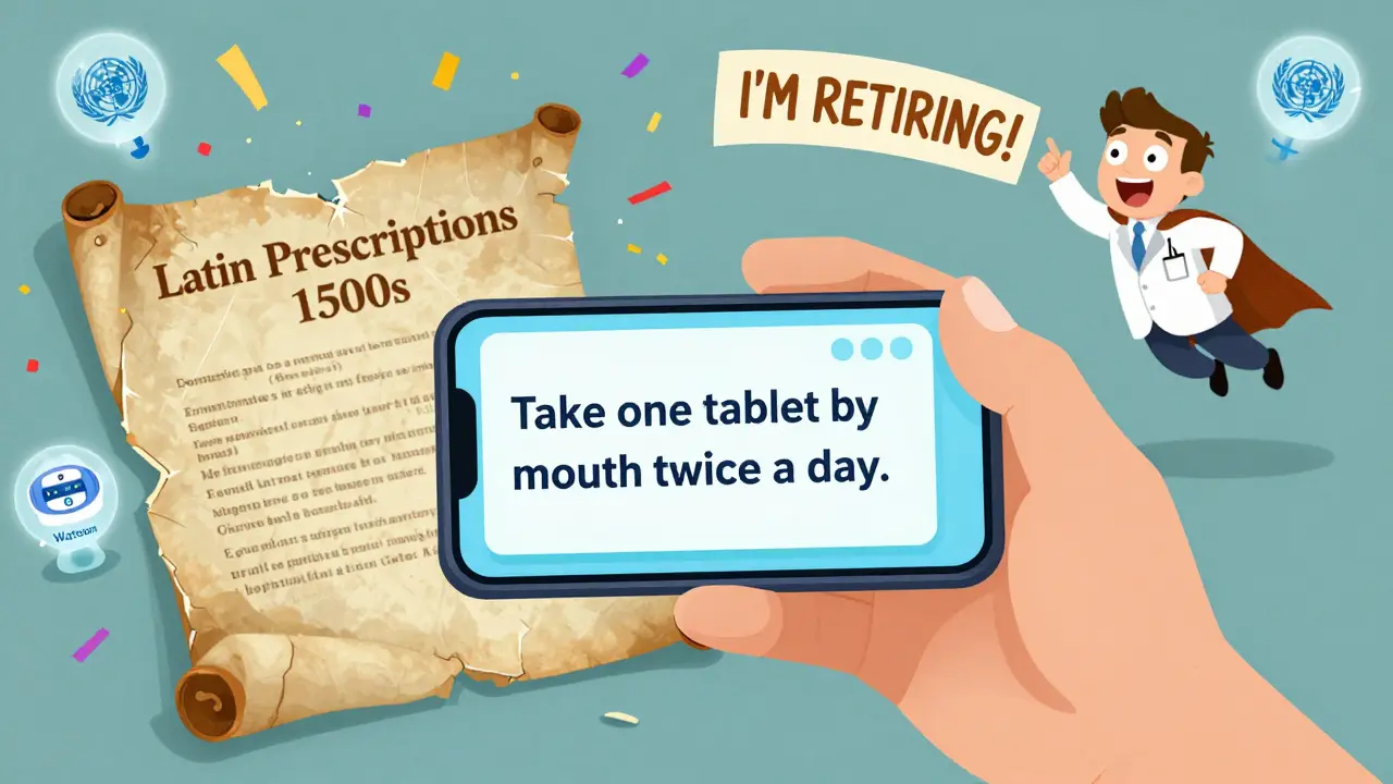 A patient holds a clear modern prescription label as ancient Latin medical scrolls explode behind them, with AI logos glowing in the sky.
