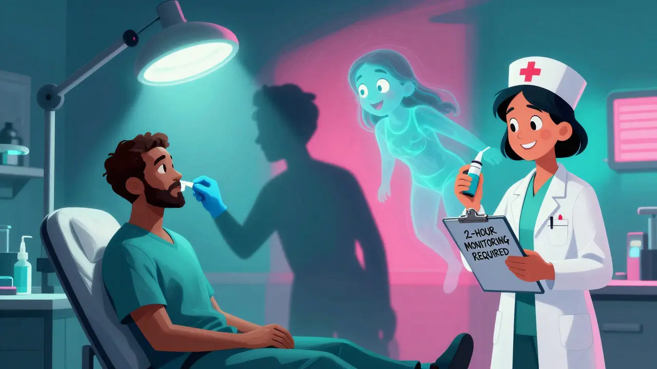 A patient receiving a nasal spray treatment as their shadow splits into calm and dissociated versions under glowing lights.