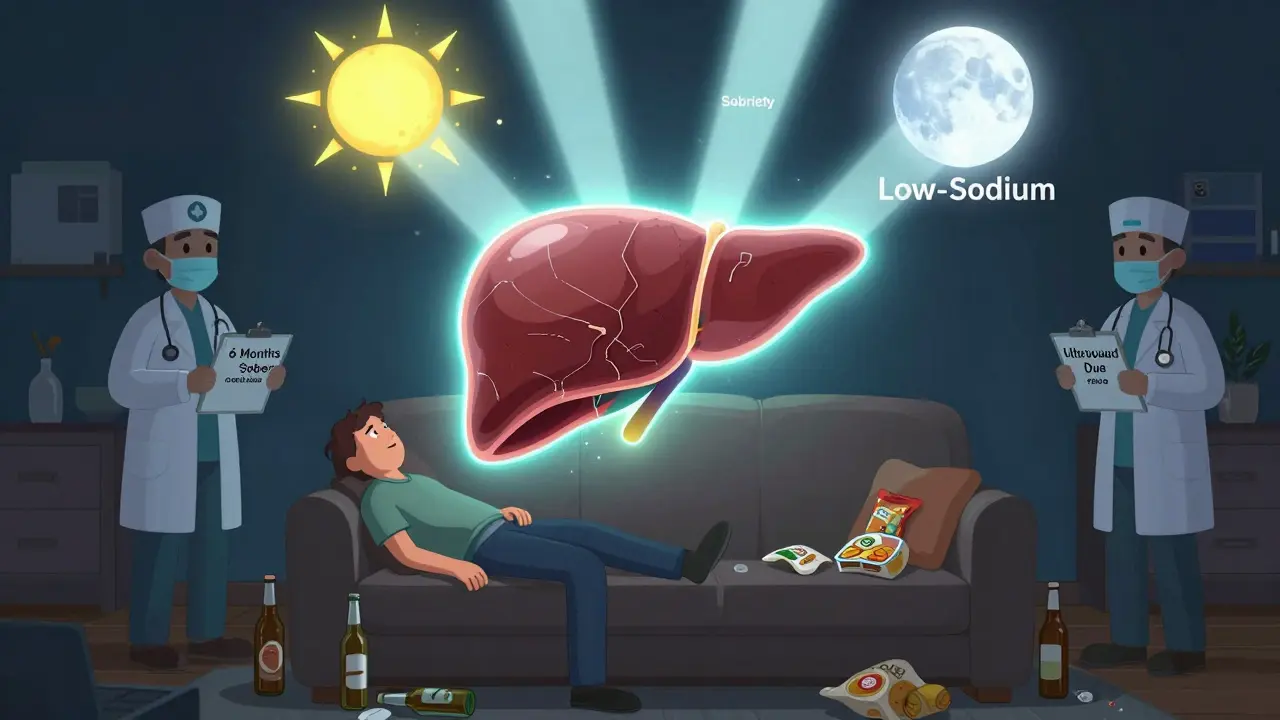 A patient surrounded by unhealthy food and alcohol, with a glowing liver transforming under beams of sobriety and low-sodium light.