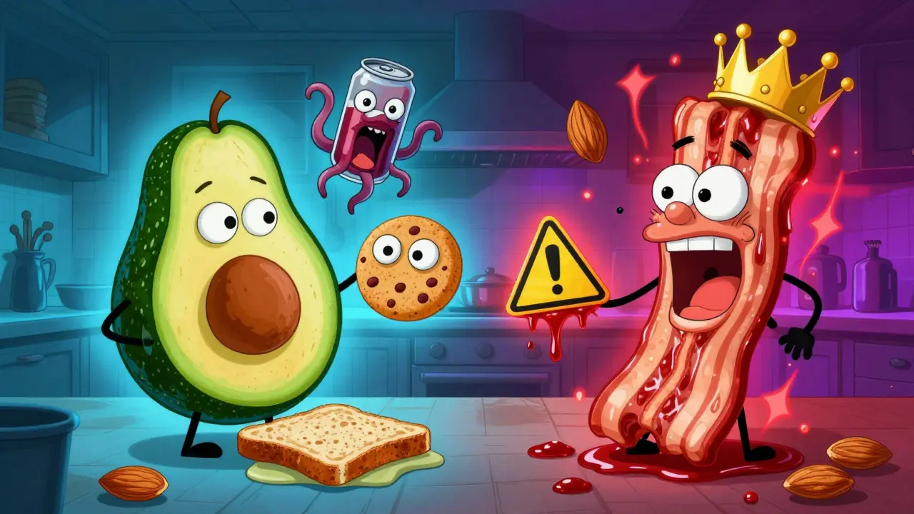 A person choosing healthy foods over grotesque junk food monsters in a chaotic kitchen scene.