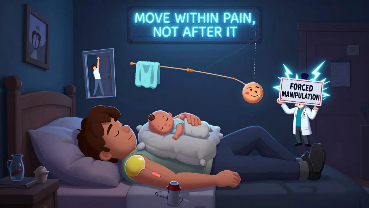 A person sleeps safely with a pillow under their arm, while healing exercises float above in a dark bedroom with warning signs.