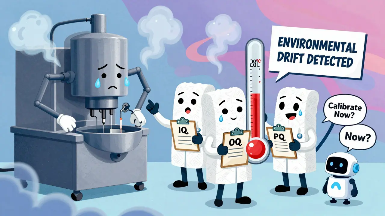 A personified filling machine being inspected by cartoon QA staff amid environmental warning signs and swirling dust.