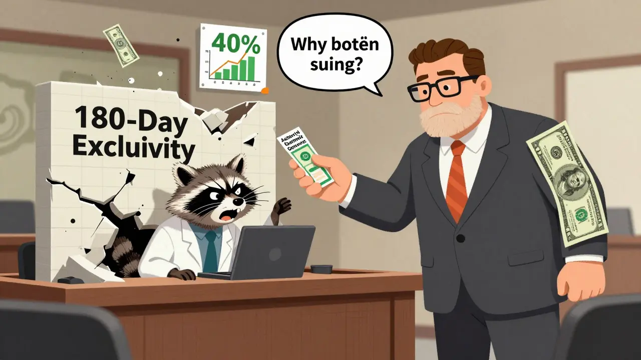 A pharmaceutical CEO gives an AG label while a generic drug company raccoon is blocked by a wall labeled '180-Day Exclusivity'.