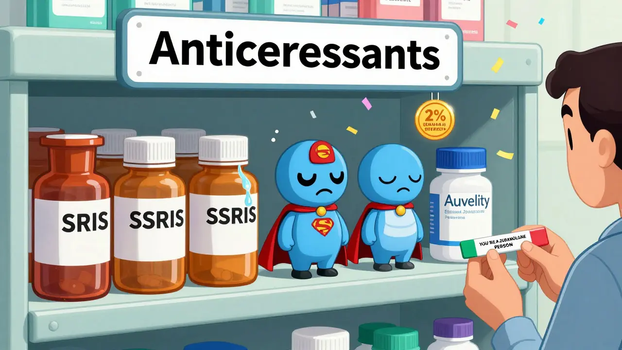 A pharmacy shelf with outdated antidepressant bottles weeping, while sleek new pills wear superhero capes.