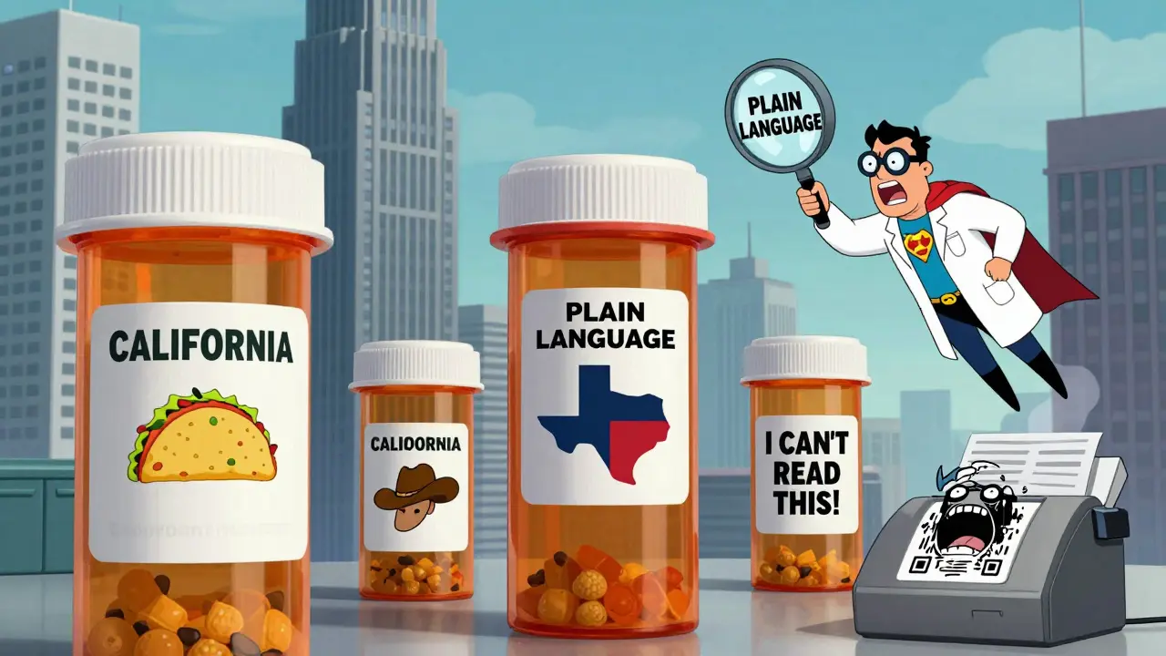 A surreal cityscape of giant prescription bottles, each with bizarre state-mandated label designs, while a superhero flies by with a magnifying glass.