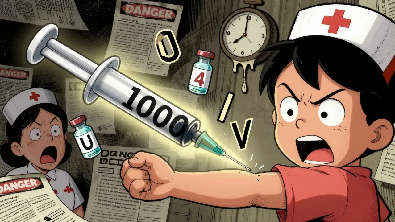 A syringe labeled 'U' transforms into '1000' as it injects a child, with misread letters floating around in a surreal medical scene.