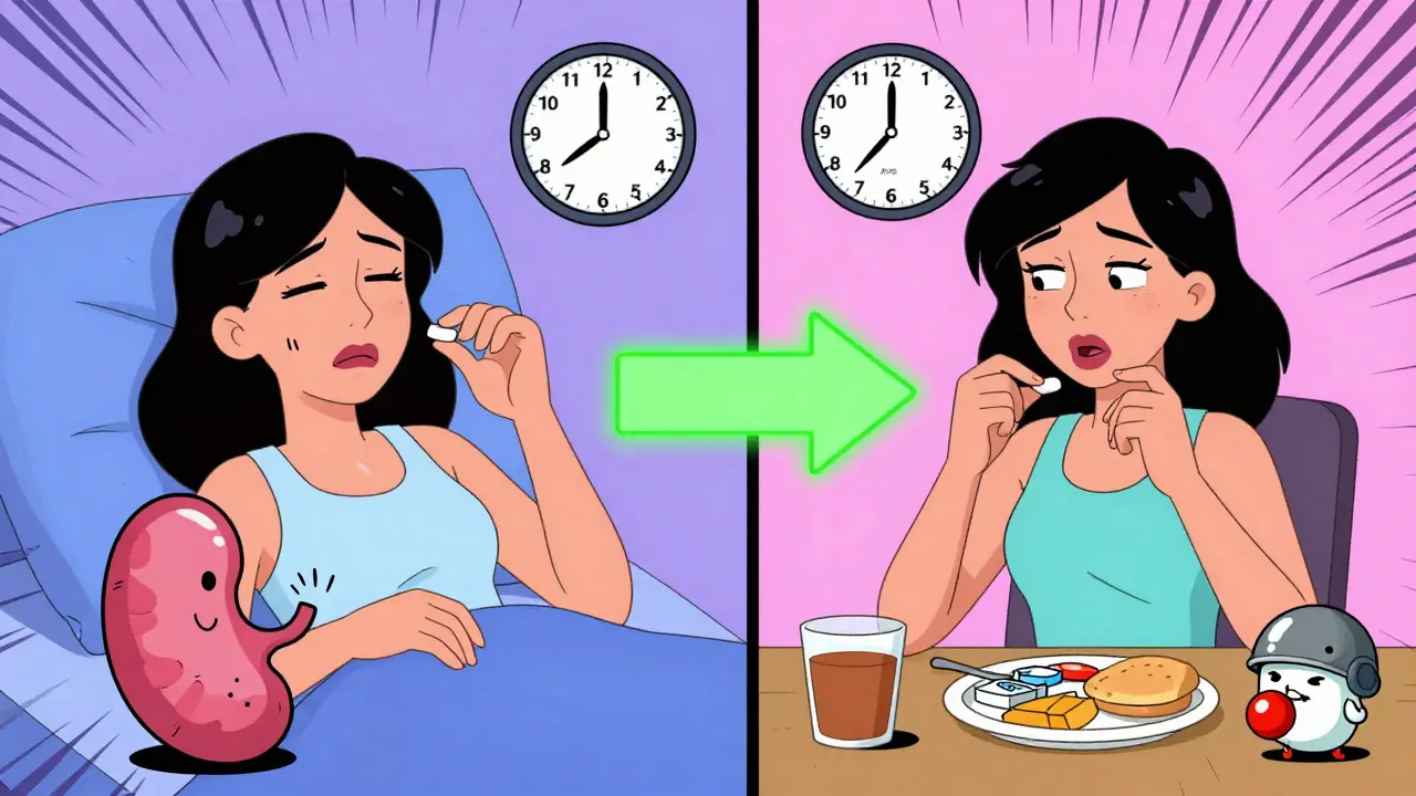 A woman separates her birth control and cholesterol drug by 8 hours, shown in split-panel cartoon style.