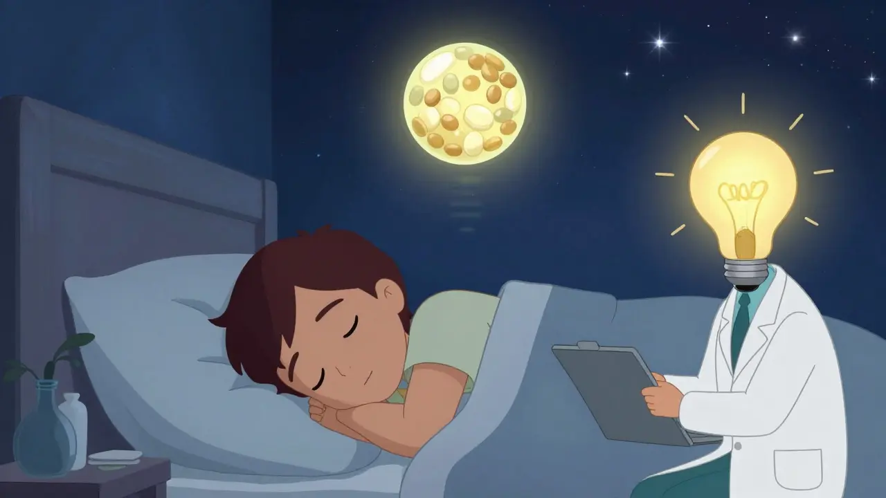 Person sleeping with glowing melatonin sphere and therapist with lightbulb head.