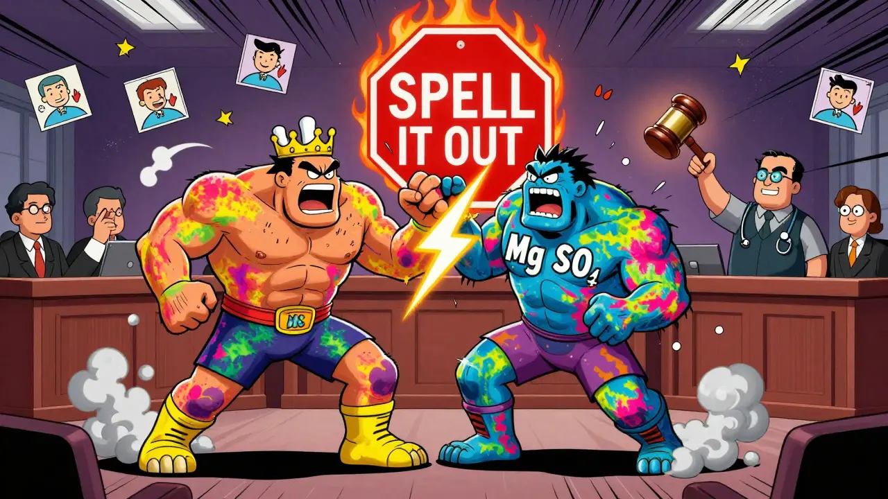 Personified drug abbreviations 'MS' and 'MgSO4' wrestle in a courtroom while a judge in a stethoscope gavels, with a giant 'SPELL IT OUT' sign burning behind them.