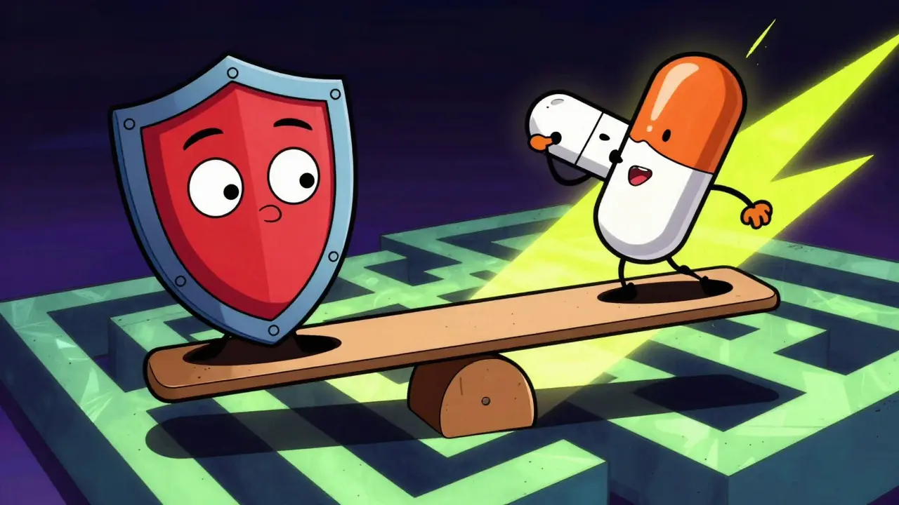 Seesaw balancing patent shield and generic drug navigating legal obstacles