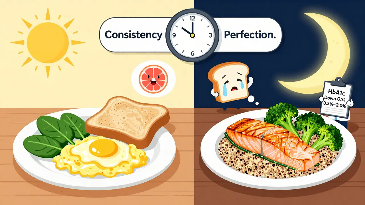 Split-panel illustration comparing a healthy breakfast and dinner with a clock showing consistency matters.