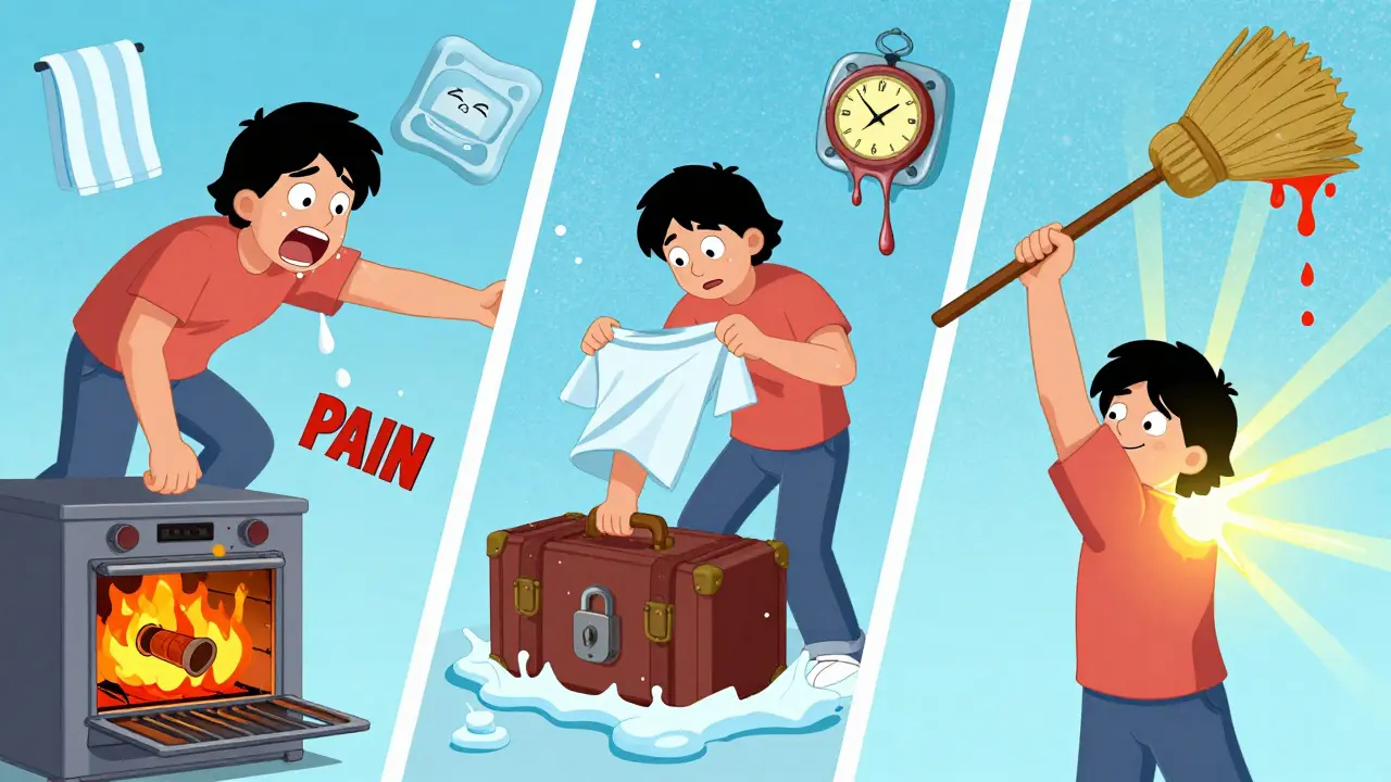 Three chaotic panels show a person's frozen shoulder journey: pain, stiffness, and slow recovery with healing tools nearby.