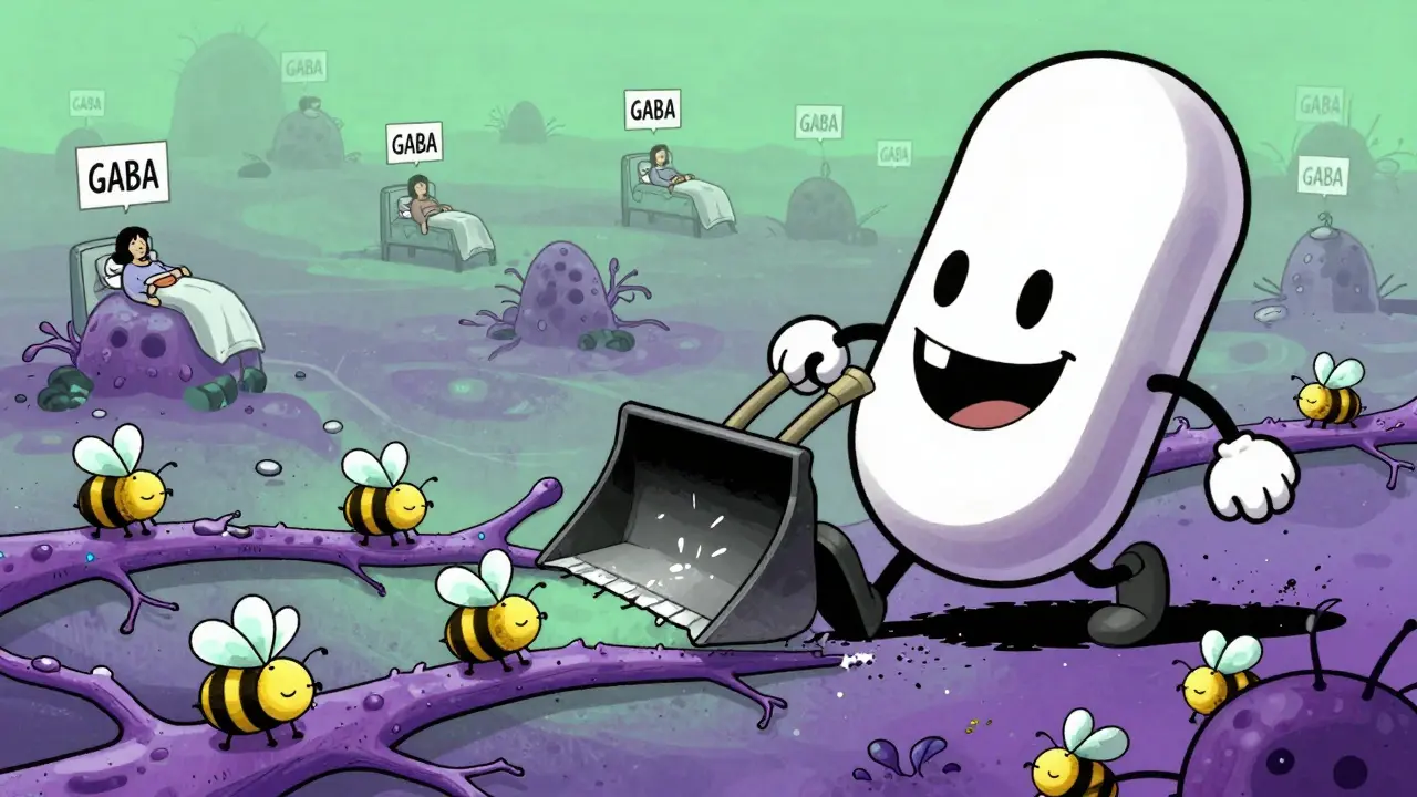 A brain landscape with GABA bees and a bulldozer-like pill crushing neural pathways in cartoonish style.