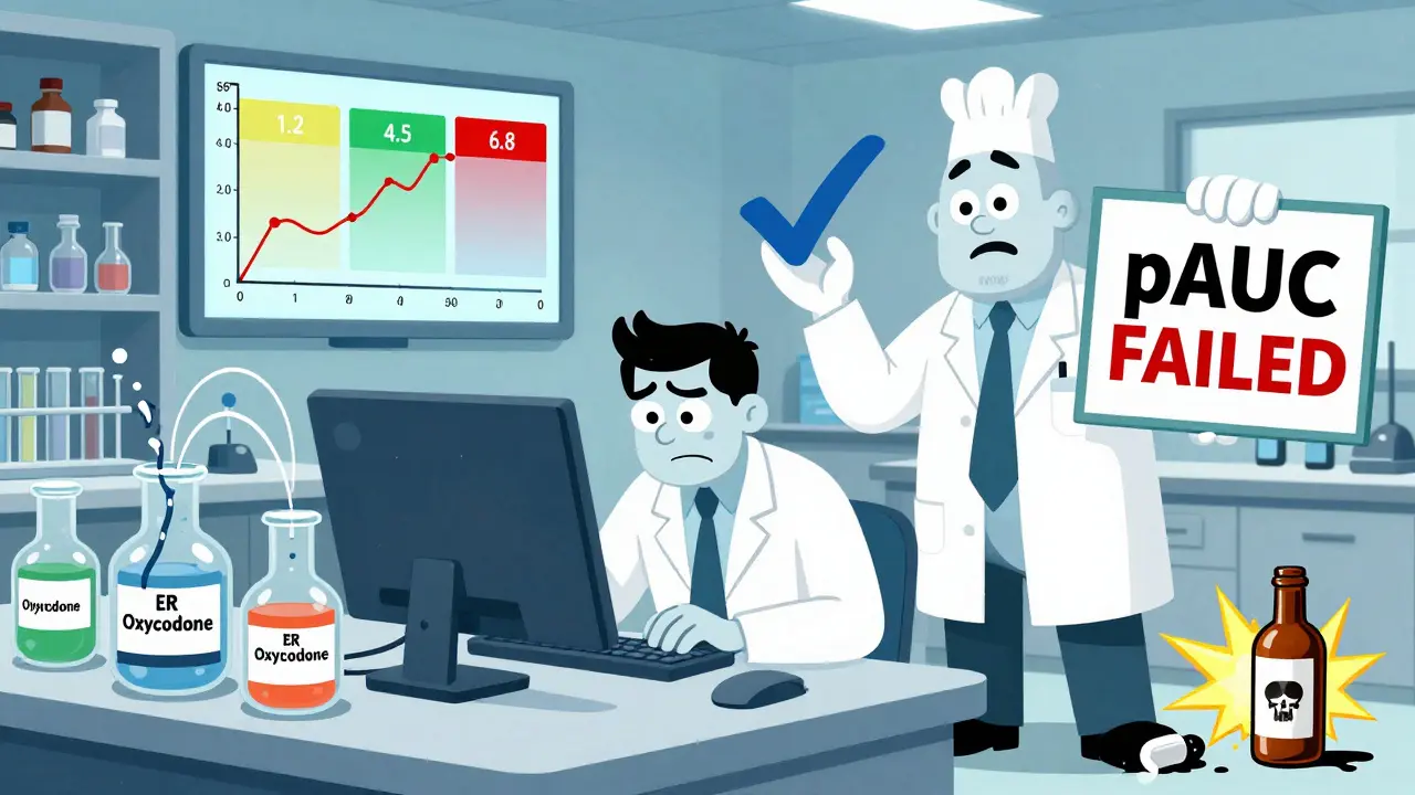 A chaotic lab with failing dissolution tests under three pH zones, watched by a stern FDA inspector.
