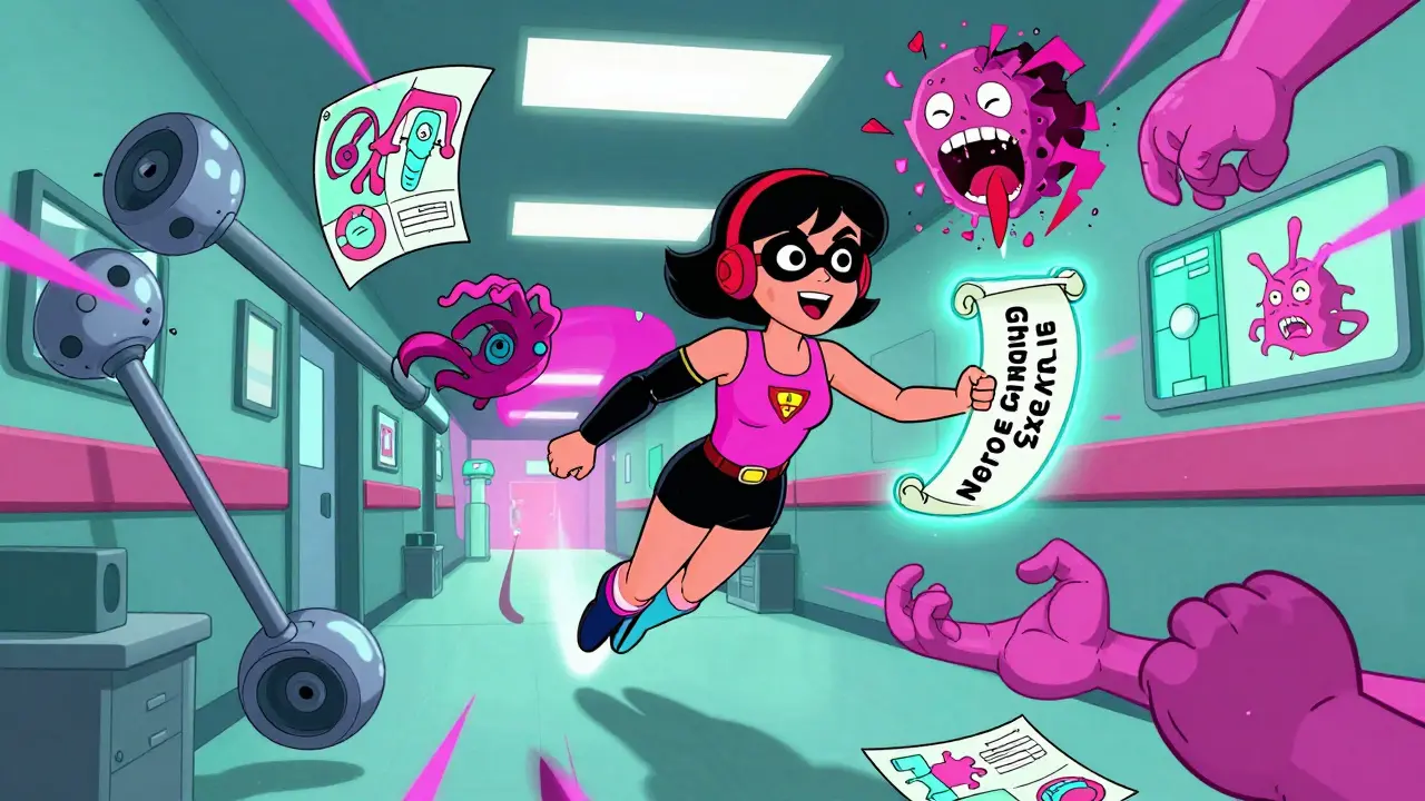 A character in elbow brace dodging hazards while holding a nerve exercise scroll in cartoon style.
