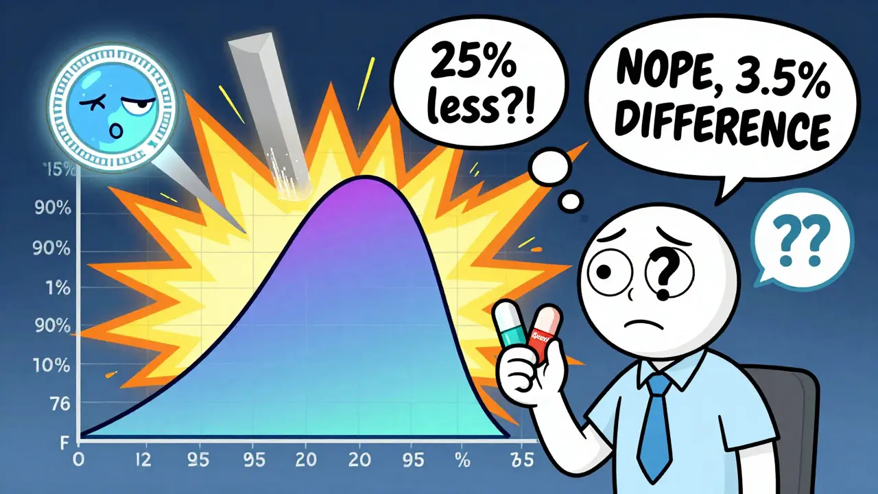 A confused patient beside a bursting graph showing 90-105% confidence zone with chaotic thought bubbles.