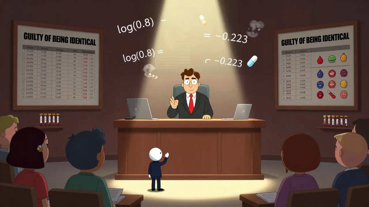 A courtroom where a generic drug defends itself before a judge made of a confidence interval bar.