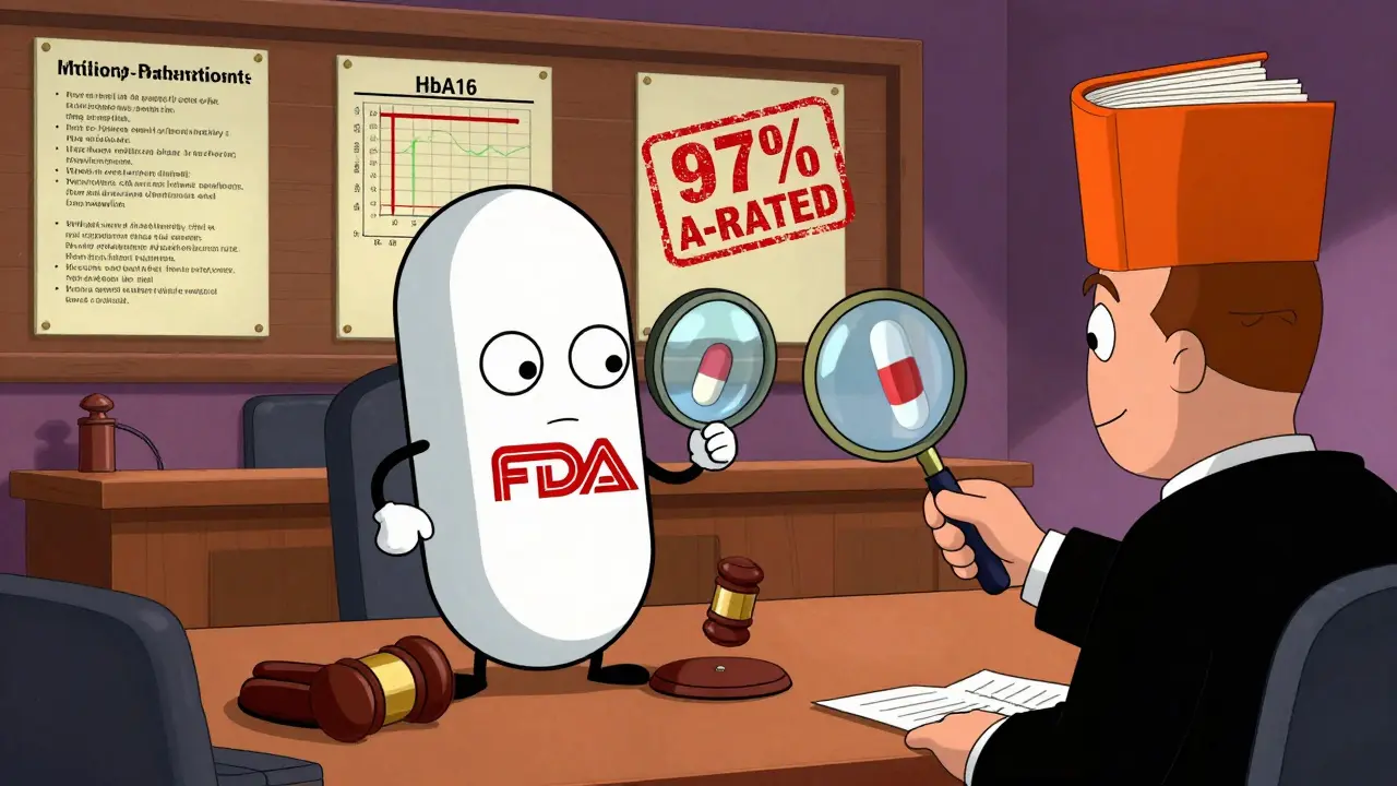 A generic drug is defended in court by the FDA logo against a skeptical patient character, with studies and approval stamps as evidence.