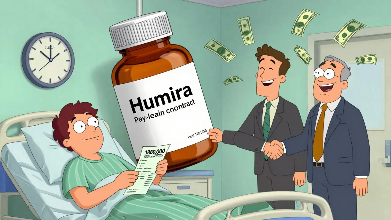 A patient holds a 0,000 bill as a Humira bottle morphs into a pay-for-delay deal between two executives.