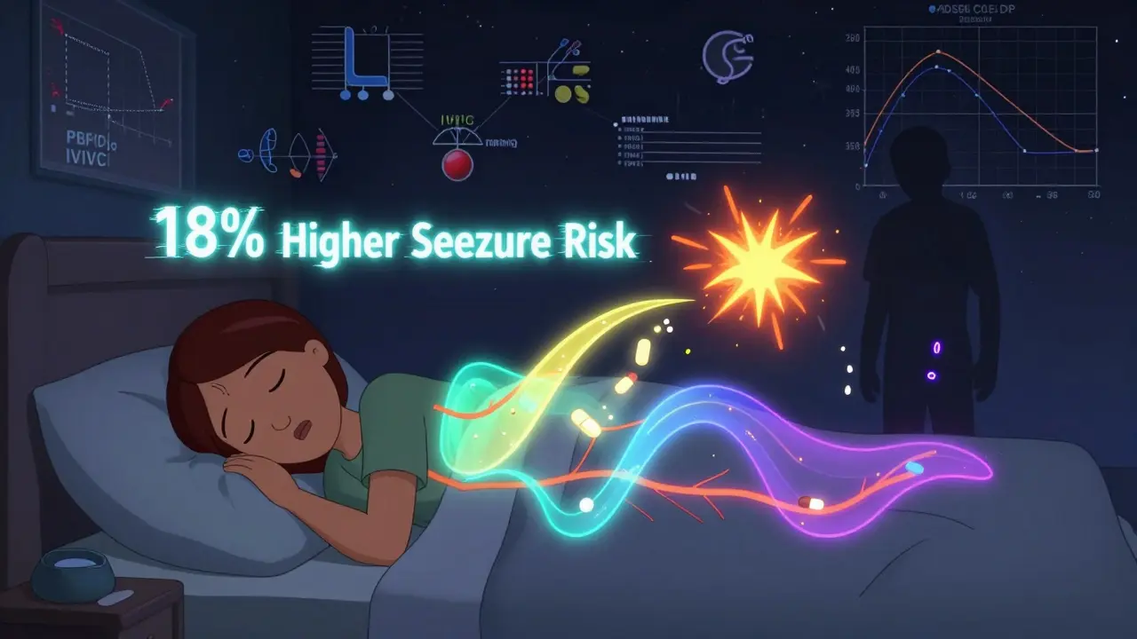 A patient sleeping as a generic drug misreleases in violent bursts, with warning text about higher seizure risk.