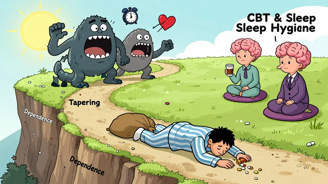 A person crawling away from pill bottles toward a peaceful meadow, chased by withdrawal monsters in cartoon style.