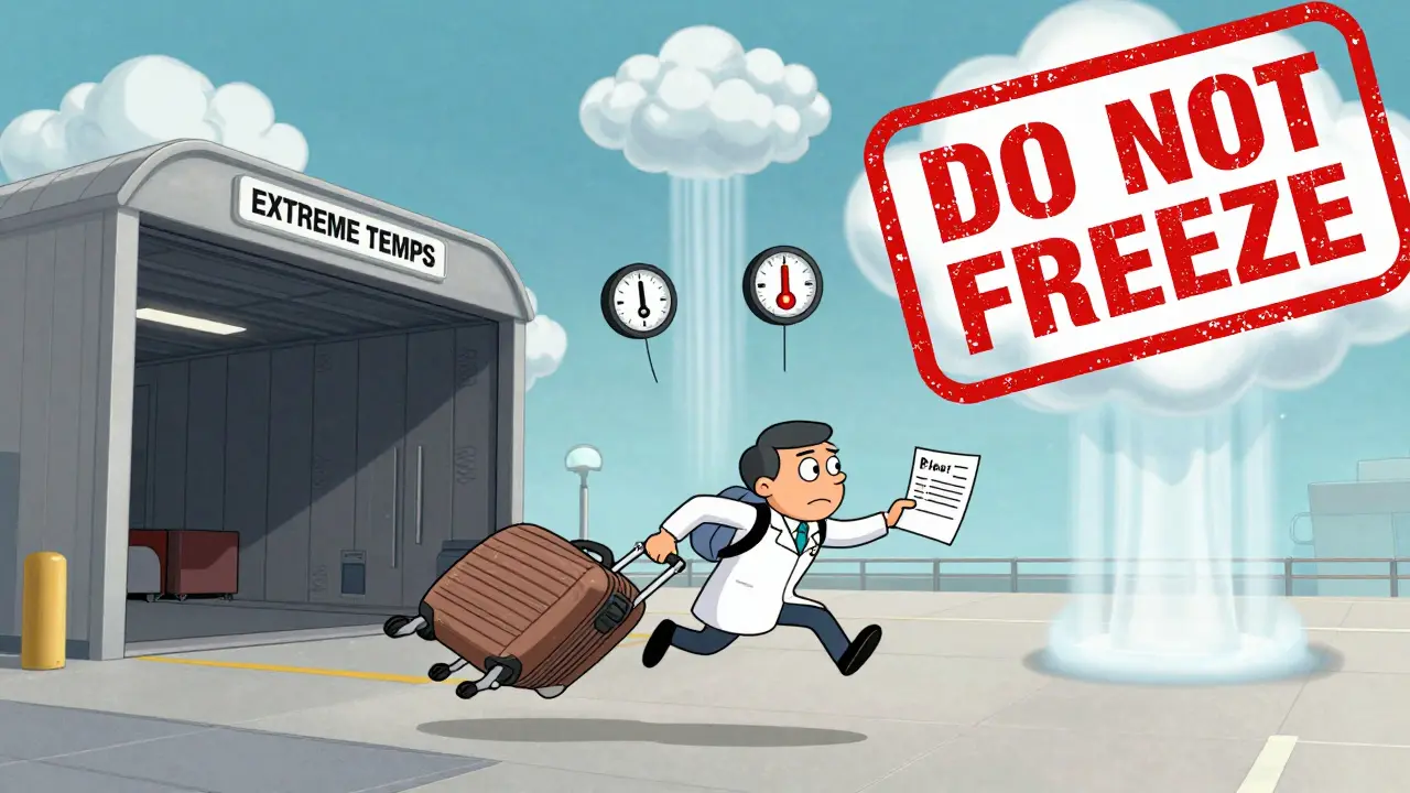 A suitcase running away from an airport cargo hold while a patient chases it with a doctor's note.