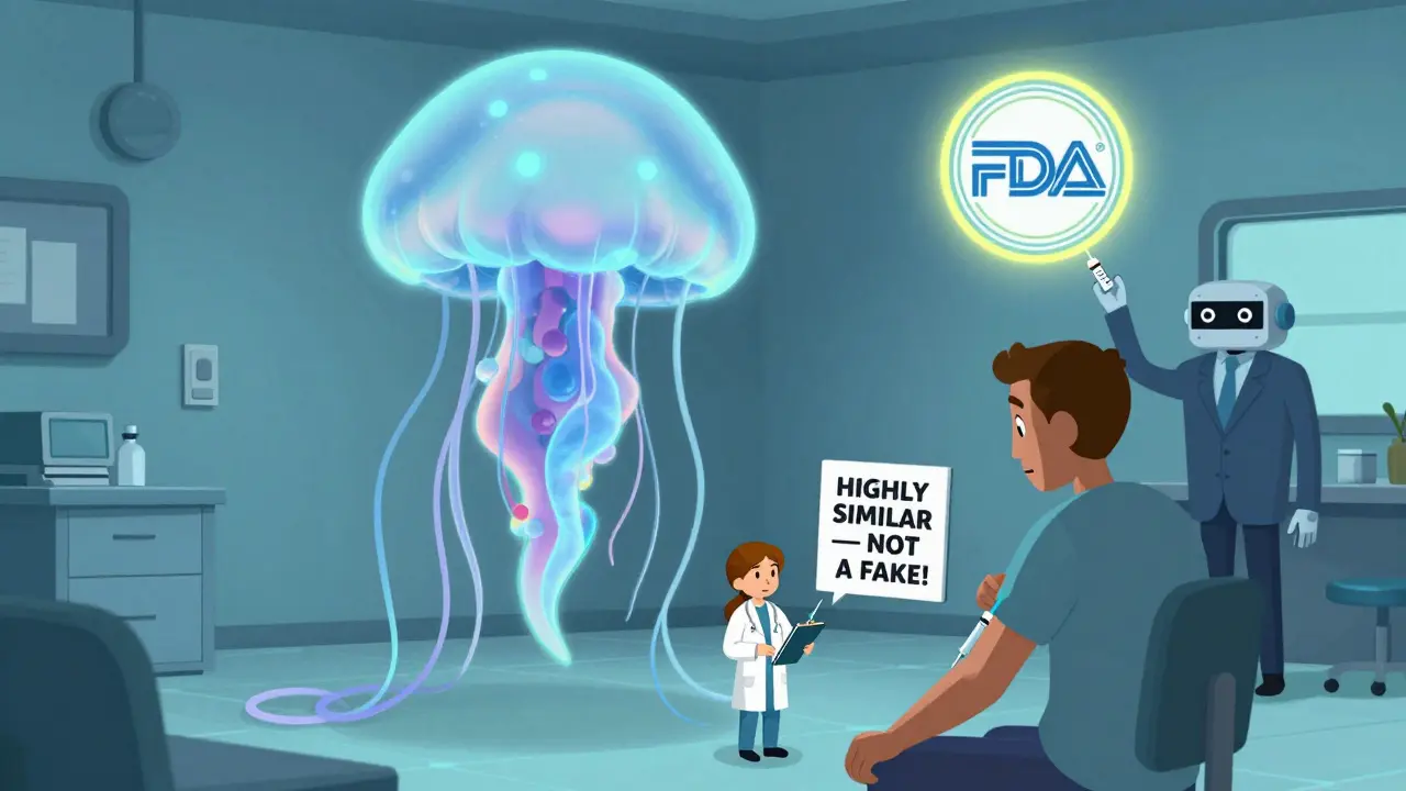 A wobbly biosimilar jellyfish molecule is injected into a patient as a pharmacist defends its safety against a PBM robot.