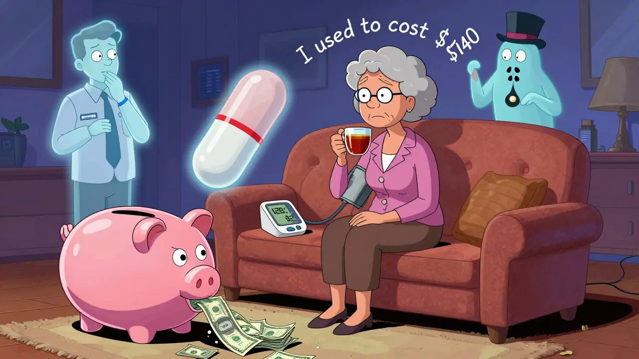 An elderly woman's blood pressure improves as a generic pill spills money, while a fading branded pill looks jealous.
