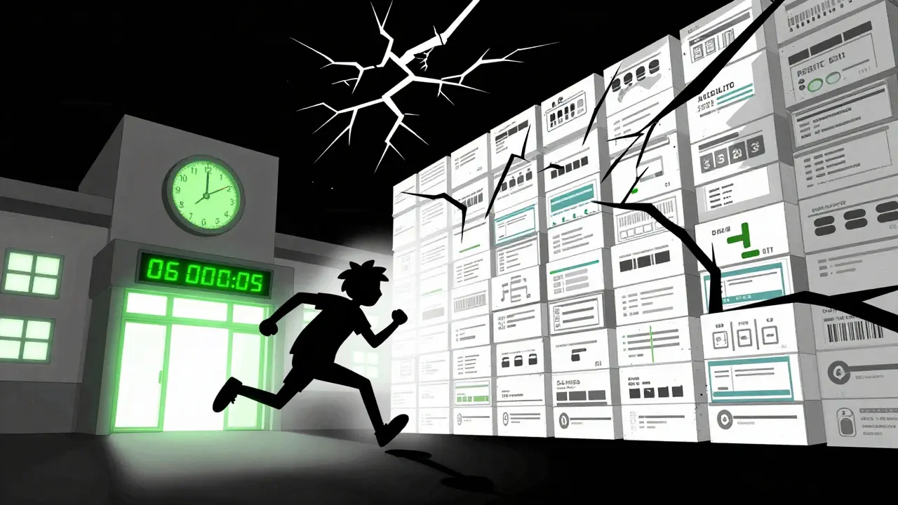 Figure running from pile of medicine boxes toward hospital