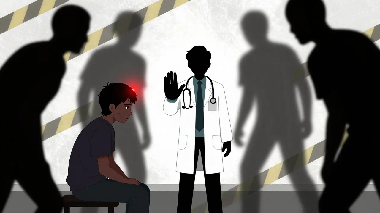 Medical figure shielding a patient from looming shadowy risks in gritty art style